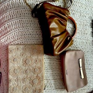 Purse trio. Blush ninewest, camel wood handle crossbody, cotton embroidered bag.